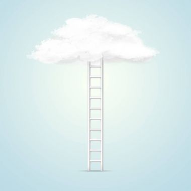 Merdiven üzerinde mavi arka plan beyaz boş bulut lider ile kavramsal görüntü