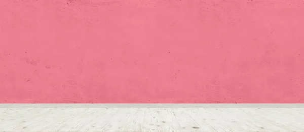 Camera vintage interno con muro di cemento rosso e fondo pavimento in legno. Ampia immagine panoramica — Foto Stock