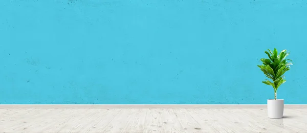 Вантажний інтер'єр кімнати з рослиною в горщику над синьою бетонною стіною і фоном дерев'яної підлоги. Широке зображення панорами — стокове фото