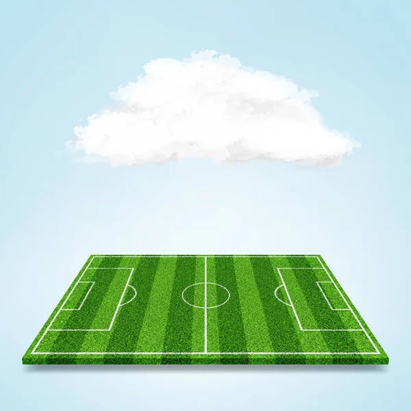 Green soccer field with white lines. Object over white cloud and blue sky background — Stock Photo, Image