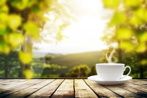 Dağların tepesinde çay fincanı ve güneş ışığı. Güzellik doğası