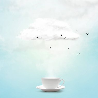 Abstract white cloud with flying birds over cup. Conceptual image clipart