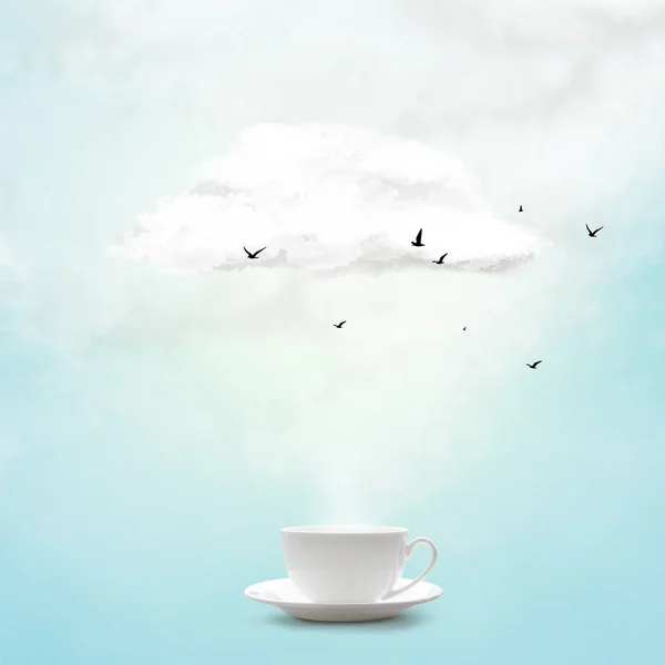 Abstract white cloud with flying birds over cup. Conceptual image — Stock Photo, Image