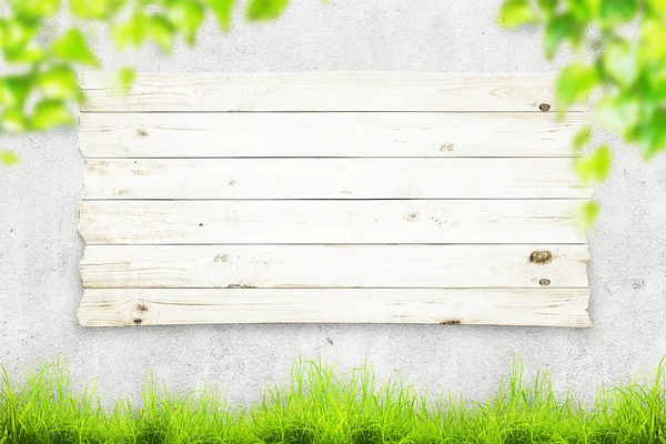 Houten plank op de betonnen muur en groene bladeren. Lente achtergrond — Stockfoto