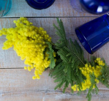 Ahşap masaya servis Mimoza sarı çiçek