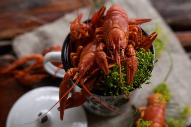 haşlanmış kerevit, Yeşiller ahşap bir masa üzerinde tavada. Bira snack