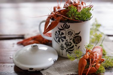 haşlanmış kerevit, Yeşiller ahşap bir masa üzerinde tavada. Bira snack