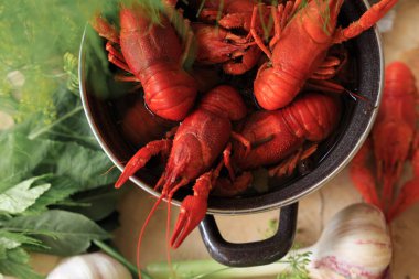 haşlanmış kerevit, Yeşiller ahşap bir masa üzerinde tavada. Bira snack