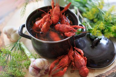 haşlanmış kerevit, Yeşiller ahşap bir masa üzerinde tavada. Bira snack