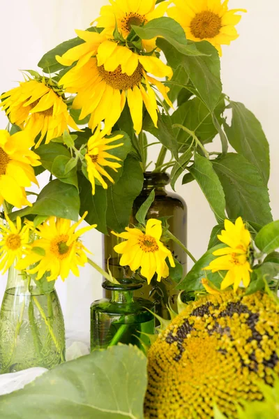 flowers sunflowers in a vase on a wooden table ripe sunflower, w