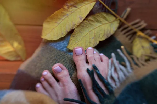 toes in the fall leaves. Sunny autumn morning, the toes, wrapped