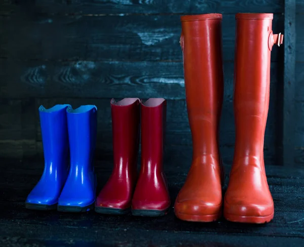 Red blue childrens rubber boots on a wood background. — Stock Photo, Image