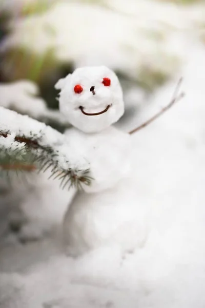 Snowman in a winter forest - Christmas entertainment — Stock Photo, Image