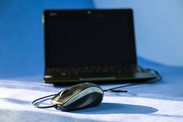 Mouse de computador e laptop em tons azuis — Fotografia de Stock