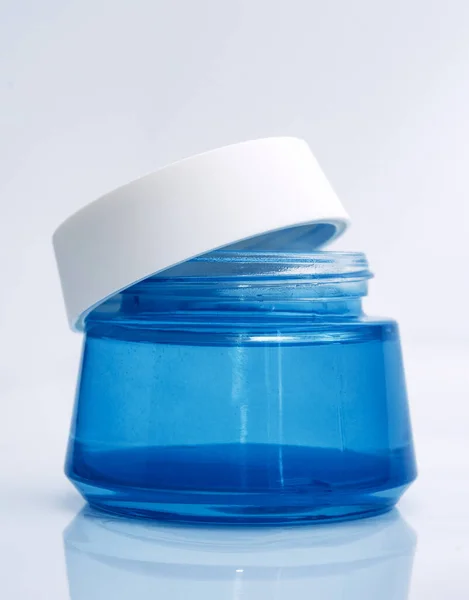 Glass Blue Jar Cream Open Lid Upright — Stock Photo, Image