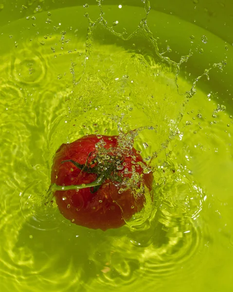 Tomato Water Splashes Green Background Square Photo — Stock Photo, Image