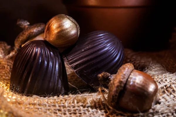 Schokoladenbonbons Mit Nüssen Auf Klette Der Sonne Zurückhaltend — Stockfoto