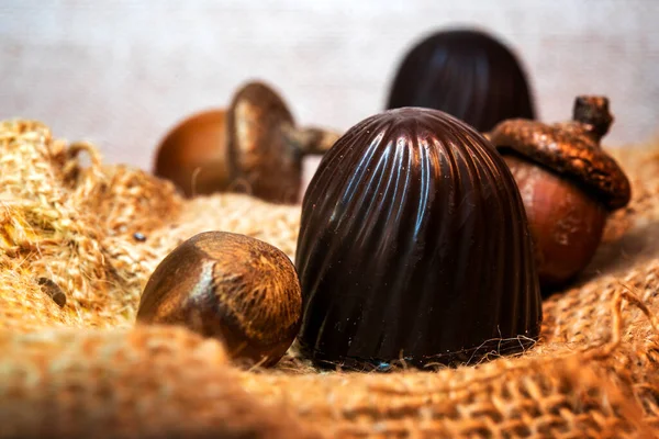 Schokoladenbonbons Mit Nüssen Auf Klette Der Sonne Zurückhaltend — Stockfoto