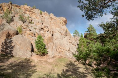 Çam kayalıklarının fotoğrafları ve yatay olarak tarlaların uzaklık görüntüsü.