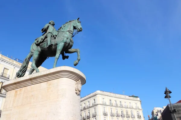 Plaza Del Sol Madrid Spain King Carlos Iii Monument — Stock Photo, Image