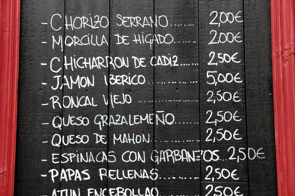 Seville Espanha Novembro 2012 Menu Quadro Negro Restaurante Espanhol Sevilha — Fotografia de Stock