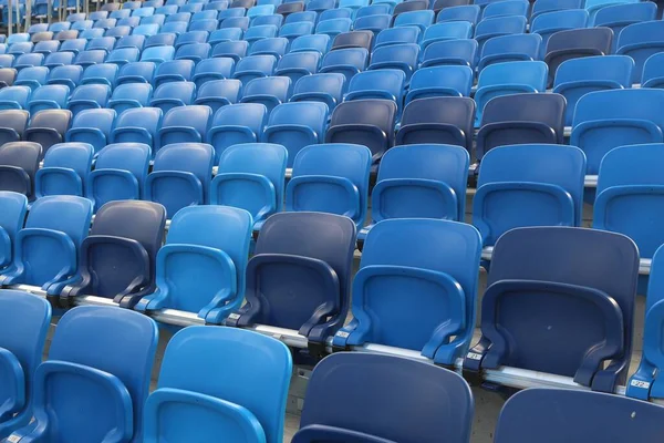 Stadion Stoelen Lege Sportzaal Blauwe Plastic Stoelen — Stockfoto