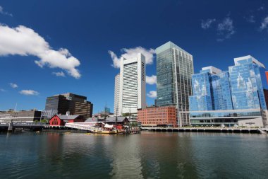 Boston şehrinin silüeti. Massachusetts, ABD 'de şehir silueti manzarası.