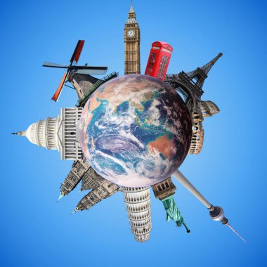 Gezegen gezisi. Dünyanın simgeleri ve küresi. Dünyayı dolaşmak. NASA tarafından sağlanan bu görüntünün bazı unsurları.