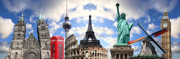 Wereld Reizen Collage Wereldmonumenten Gegroepeerd New York Londen Berlijn Rome — Stockfoto