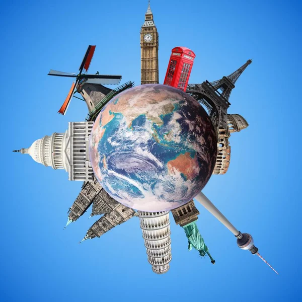 Pianeta Viaggio Monumenti Mondiali Globo Viaggiare Concetto Mondo Alcuni Elementi — Foto Stock