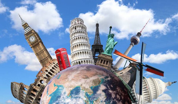 Путешествие по планете Земля. Знаменитости мира вместе на земном шаре. Некоторые элементы этого изображения предоставлены НАСА.