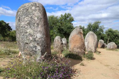 Avrupa 'daki Neolitik bölge. Portekiz 'de Almendres Cromlech megalith taşları.
