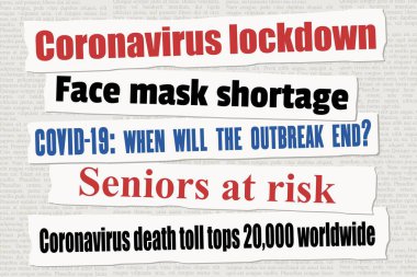 Coronavirus pandemik gazete başlıkları. COVID-19 küresel salgın. Haber başlığı koleksiyon vektörü.