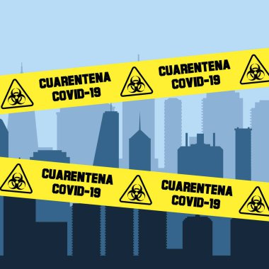 Coronavirus pandemic - city quarantine lockdown. Covid-19 crisis vector. Spanish language quarantine sign (Cuarentena Covid-19). clipart