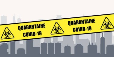 Coronavirus salgını - şehir karantinası. Covid-19 kriz vektörü. Fransızca karantina işareti (Quarantaine Covid-19).