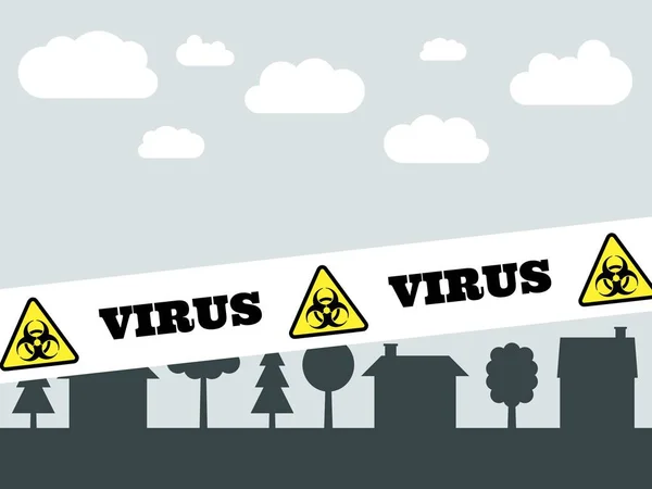 病毒小城镇检疫 由于大肠病毒大流行而导致的城市封锁 病毒警告标志 — 图库矢量图片