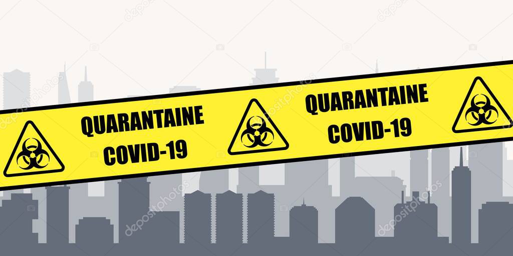 Coronavirus pandemic - city quarantine lockdown. Covid-19 crisis vector. French language quarantine sign (Quarantaine Covid-19).