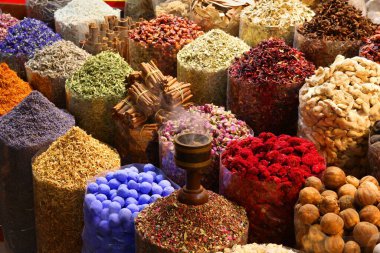 Dubai Baharat Pazarı (Dubai Baharat Çorbası) - renkli bitkiler ve baharatlar seçimi. Turist eğlencesi.