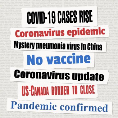 Coronavirus pandemik gazete başlıkları. COVID-19 küresel salgın. Haber başlığı koleksiyon vektörü.