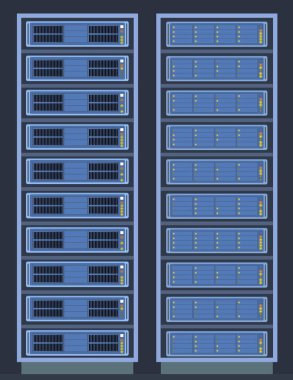 Veri merkezindeki sunucu odası. Bulut depolama ve bilgisayar teknolojisi illüstrasyonu.