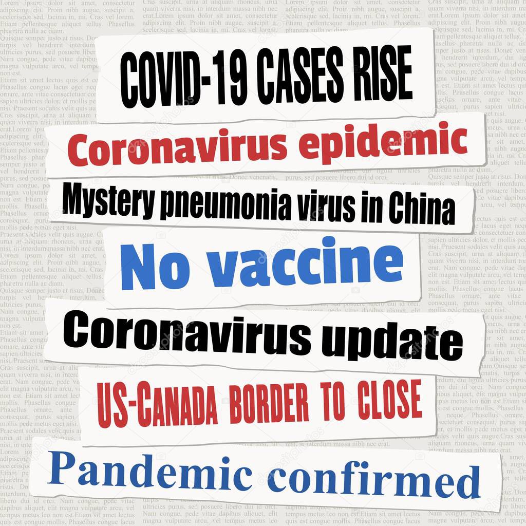 Coronavirus pandemic newspaper titles. COVID-19 global pandemic. News headline collection vector.