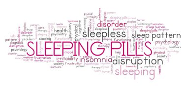 Uyku hapları konsept kelime bulutu. Uyku düzensizliği anahtar sözcük örnekleme.