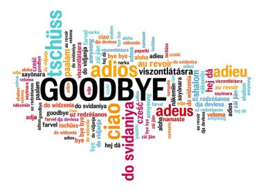 Goodbye word in many languages. Goodbye international translation text collage. clipart