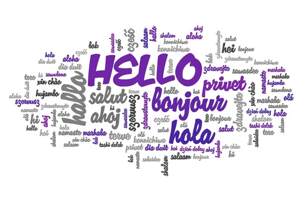 Hello word in different languages. Hello international translation text collage.