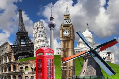 Dünya seyahati kolajı. Dünya simgeleri New York, Londra, Paris, Berlin ve Roma olmak üzere bir araya geldi..