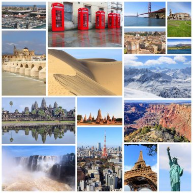 Dünya seyahati simgeleri koleksiyonu - Paris, New York, Büyük Kanyon, Tokyo, Londra, Kaliforniya, İspanya ve Yeni Zelanda ile fotoğraf kolajı.