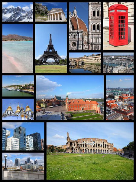 Europe landmarks postcard - tourism attractions collage including London, Oslo, Paris, Rome, Florence, Vienna, Belgrade, Kiev, Greece and Alps.