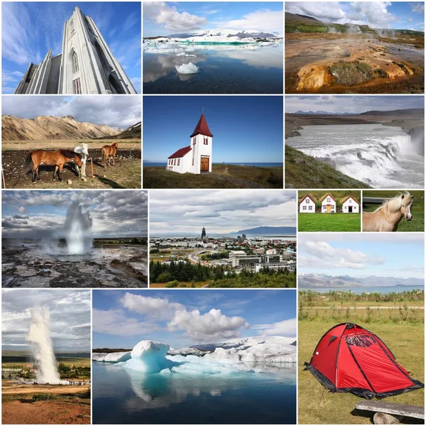 Island Fotocollage Reise Ort Wahrzeichen Postkarte — Stockfoto