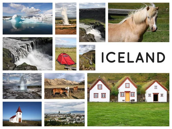 Ισλανδία Καρτ Ποστάλ Ταξιδιωτικό Μέρος Ορόσημο Κολάζ Φωτογραφιών — Φωτογραφία Αρχείου