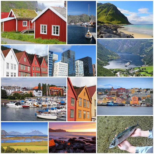 Noorwegen Fotocollage Reiscollectie Met Fjorden Oslo Bergen Kristiansund Lofoten Eilanden — Stockfoto